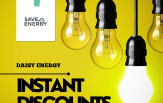Instant Discounts Program graphic, with bulbs and logo of Daisy energy and SaveOnEnergy