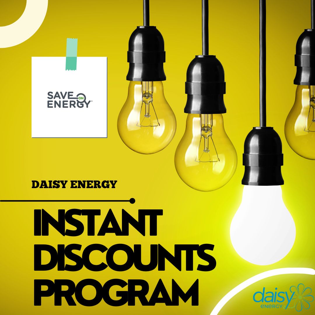 Instant Discounts Program graphic, with bulbs and logo of Daisy energy and SaveOnEnergy
