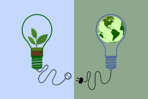 autonomous lighting save energy illustration. 2 lightbulbs. One has plant in it. One has earth in it. The cords of each are almost connecting.