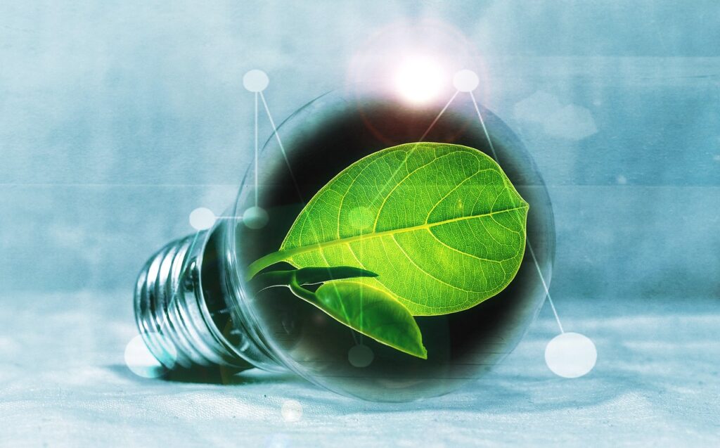 illustration LED lightbulb with green leaf inside